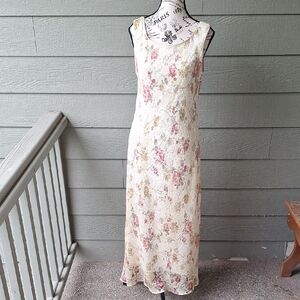 Vintage 90's Connected Apparel Floral Lace Maxi Dress Cream / Tea & Pink Sz L